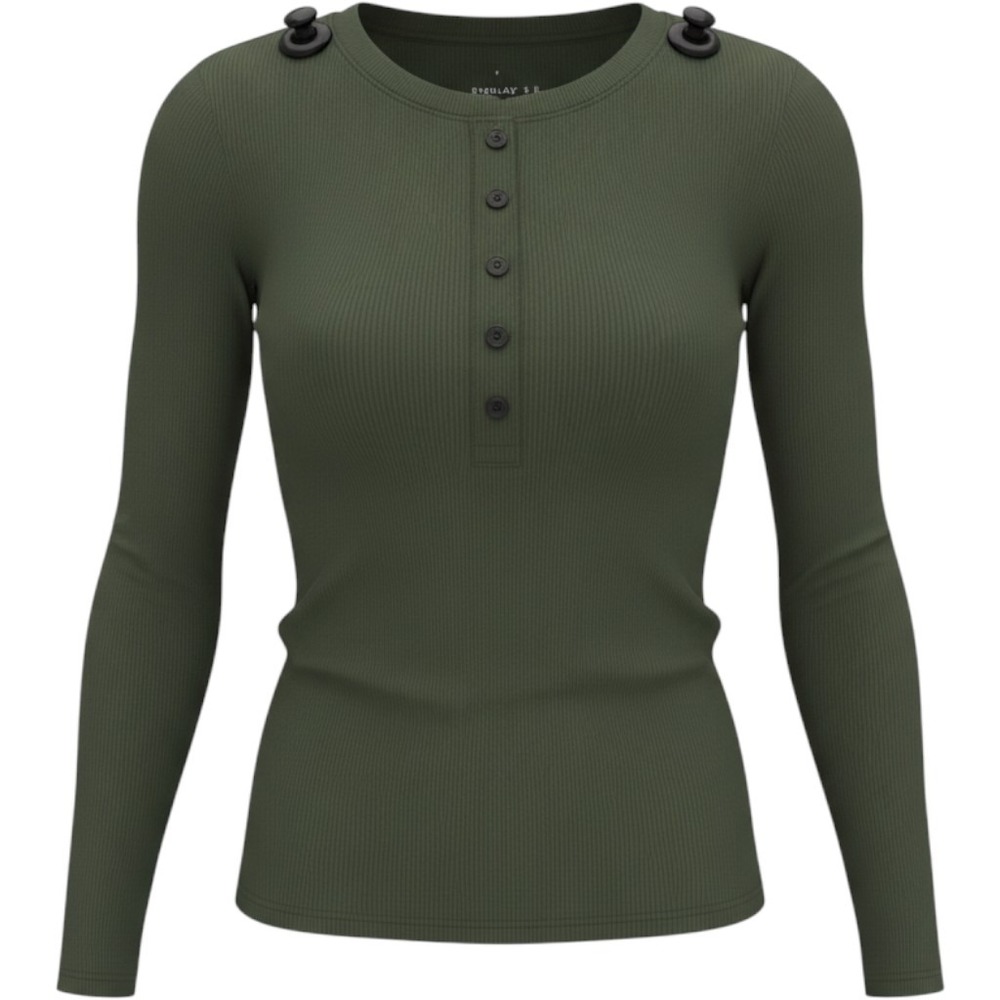 Everlane Luxe Rib Henley Olive Green Long Sleeve Top Size S